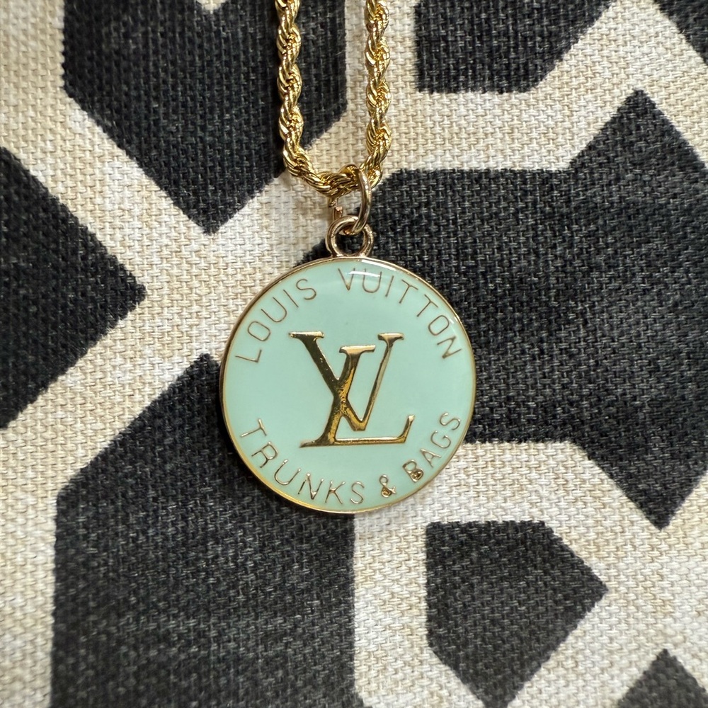 LV Baby Blue pendant Necklace 18in gold plated chain